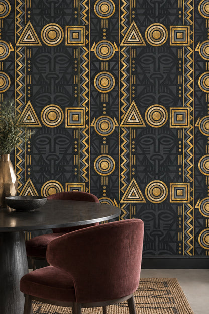 Geometrik Afrika Masklı Duvar Kağıdı Siyah Altın Salon