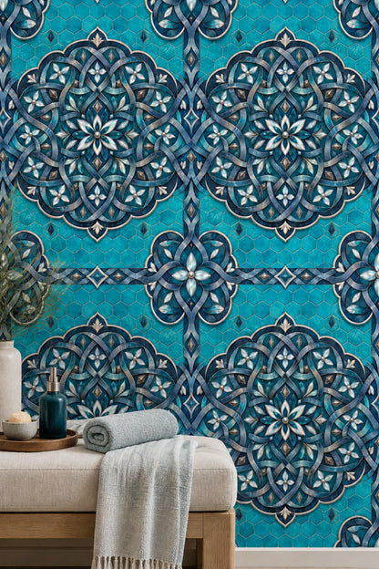Turkuaz Çini Desenli Duvar Kağıdı Geometrik Banyo Dekoru