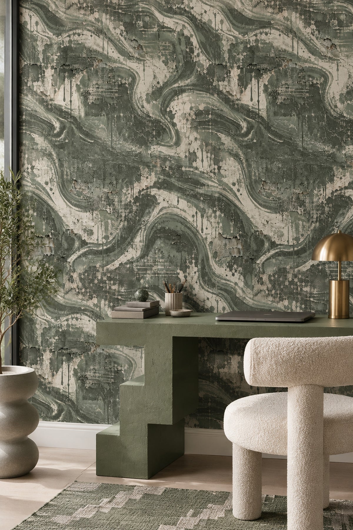 Soyut Dalgalı Duvar Kağıdı Yeşil Gri Modern Salon