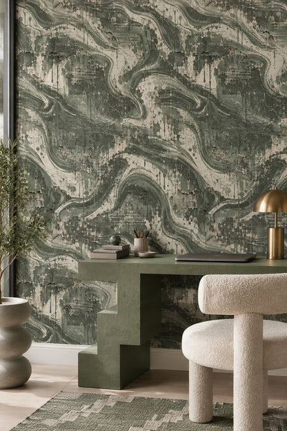 Soyut Dalgalı Duvar Kağıdı Yeşil Gri Modern Salon