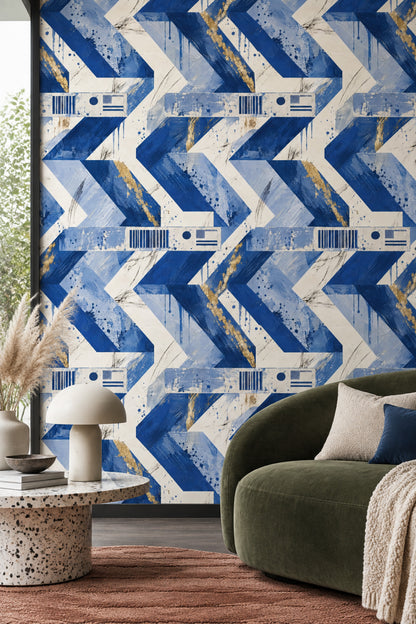 Mavi Beyaz Geometrik Duvar Kağıdı Modern Çizgili Salon