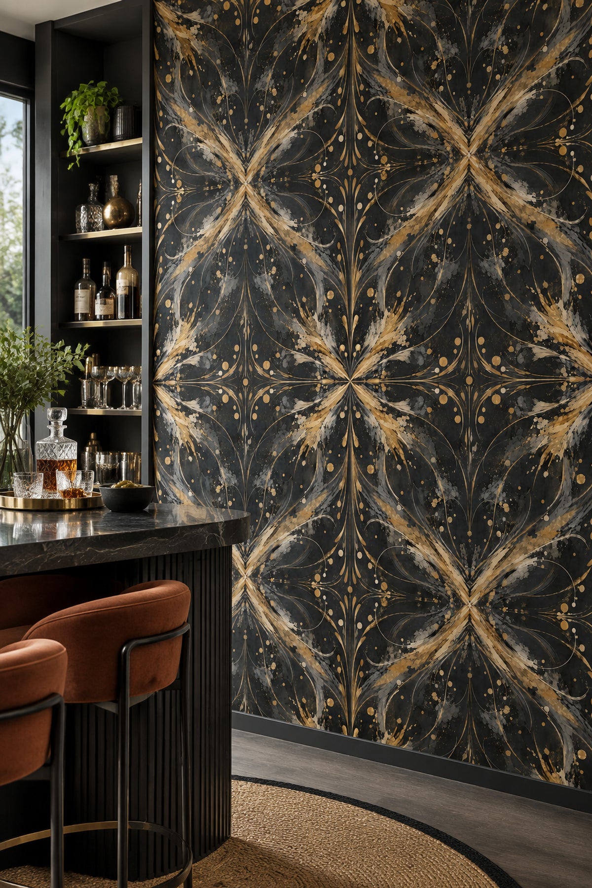 Siyah Altın Art Deco Desenli Duvar Kağıdı Salon