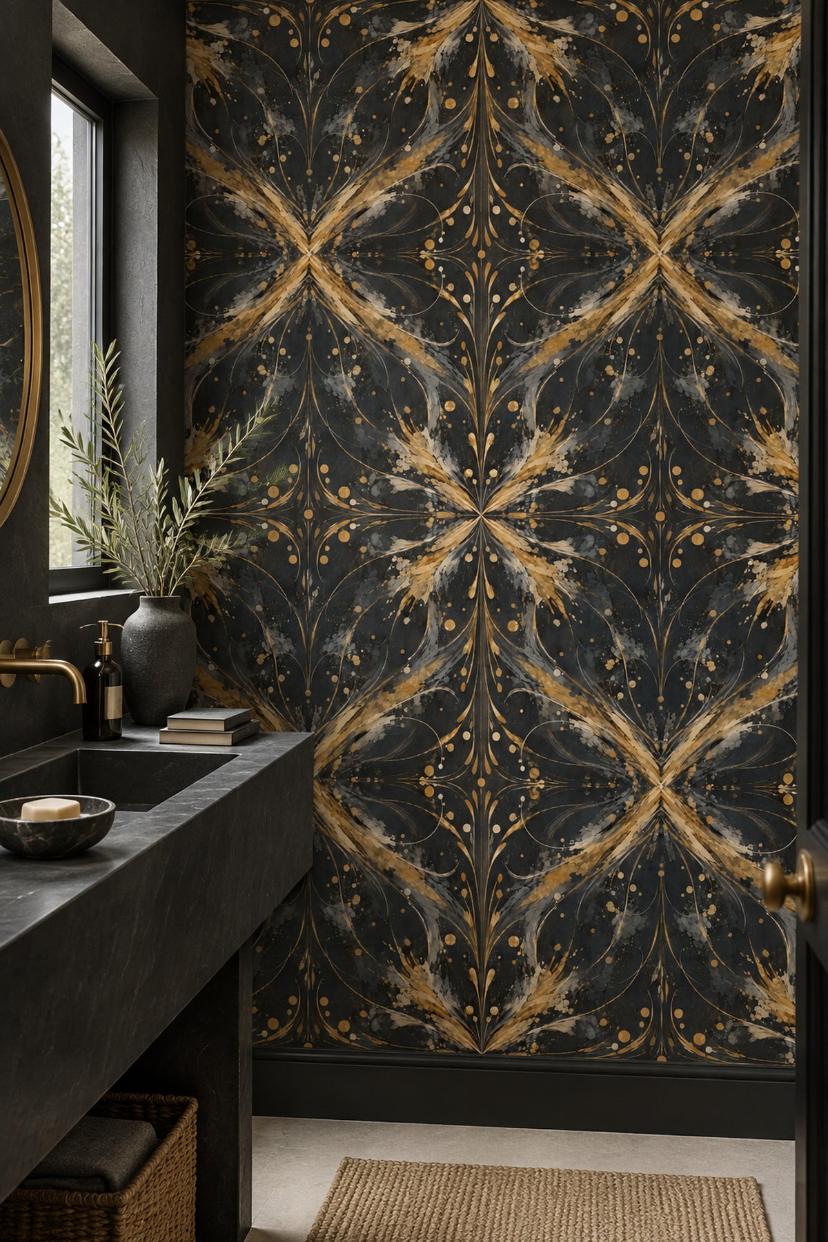 Siyah Altın Art Deco Desenli Duvar Kağıdı Salon