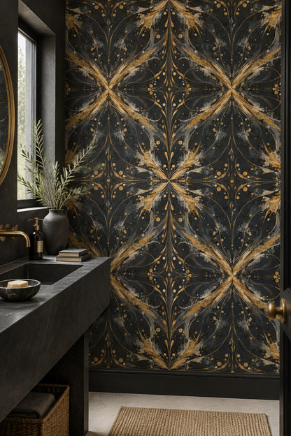 Siyah Altın Art Deco Desenli Duvar Kağıdı Salon