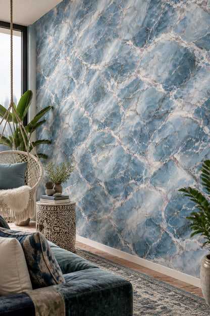 Mavi Mermer Desenli Duvar Kağıdı Modern Salon Dekoru