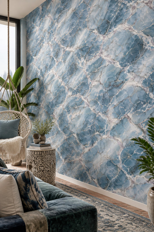 Mavi Mermer Desenli Duvar Kağıdı Modern Salon Dekoru