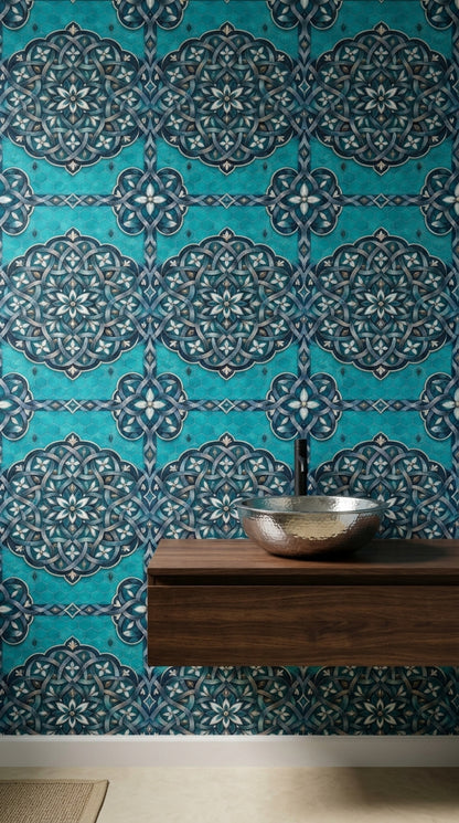 Turkuaz Çini Desenli Duvar Kağıdı Geometrik Banyo Dekoru