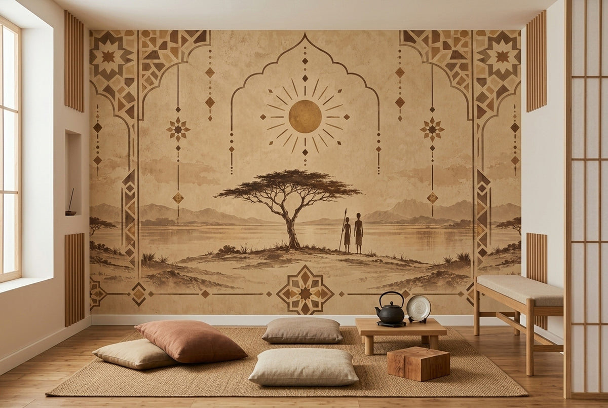 Etnik Afrika Manzaralı Poster Duvar Kağıdı Bej Salon Dekoru