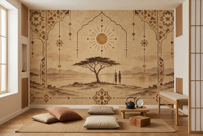 Etnik Afrika Manzaralı Poster Duvar Kağıdı Bej Salon Dekoru