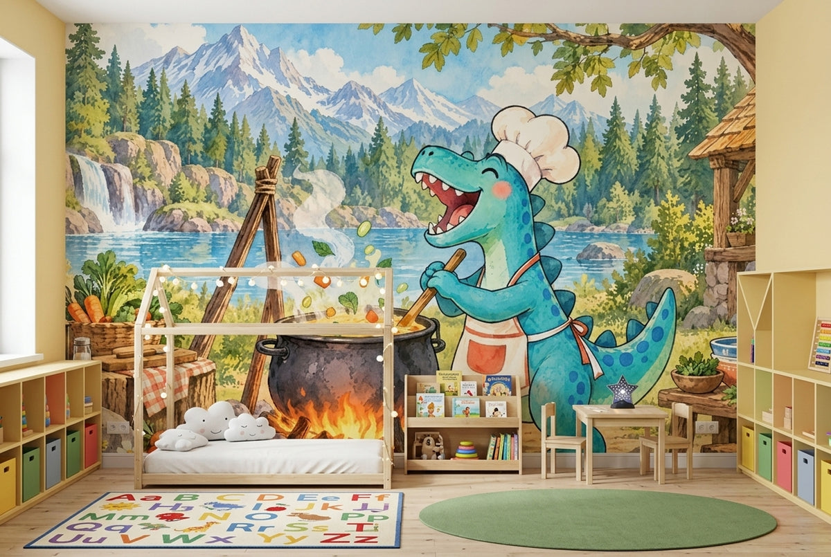 Aşçı Dinozor Poster Duvar Kağıdı Mavi Çocuk Odası