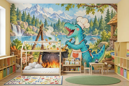 Aşçı Dinozor Poster Duvar Kağıdı Mavi Çocuk Odası