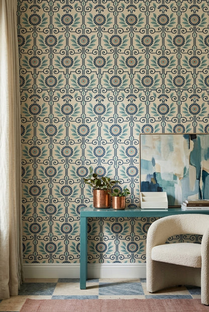 Retro Geometrik Çiçek Desenli Duvar Kağıdı Mavi Bej Salon