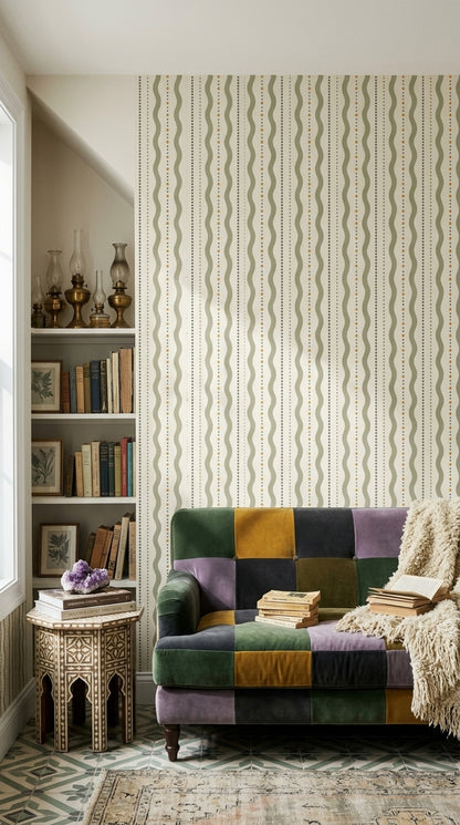 Dalgalı Çizgili Duvar Kağıdı Bej Noktalı Modern Desen