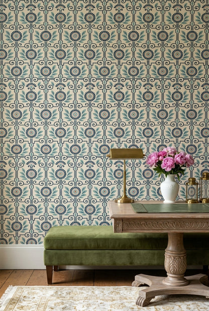 Retro Geometrik Çiçek Desenli Duvar Kağıdı Mavi Bej Salon