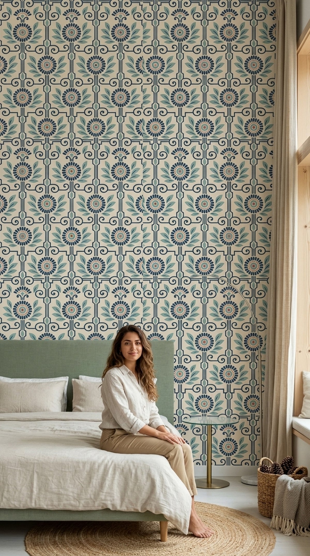 Retro Geometrik Çiçek Desenli Duvar Kağıdı Mavi Bej Salon