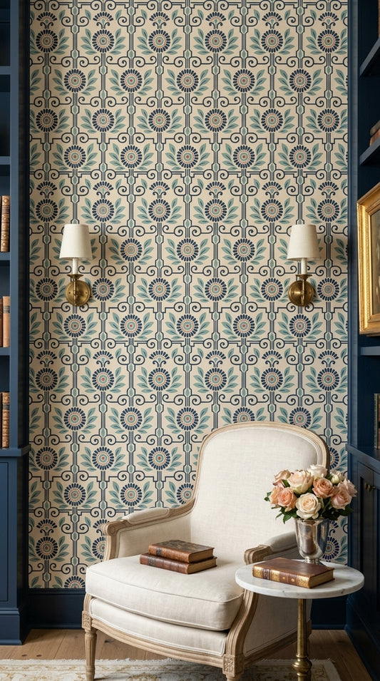 Retro Geometrik Çiçek Desenli Duvar Kağıdı Mavi Bej Salon
