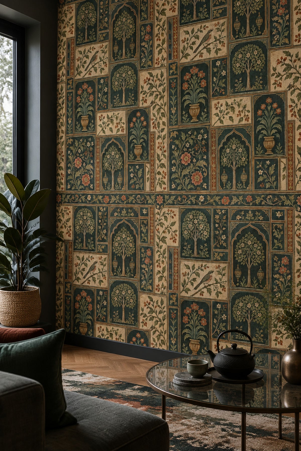 Kuş ve Ağaç Desenli Duvar Kağıdı Yeşil Vintage Salon