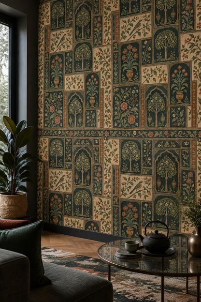 Kuş ve Ağaç Desenli Duvar Kağıdı Yeşil Vintage Salon