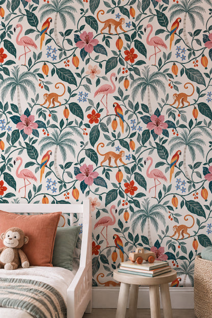 Tropikal Hayvan Desenli Duvar Kağıdı Flamingo ve Maymun