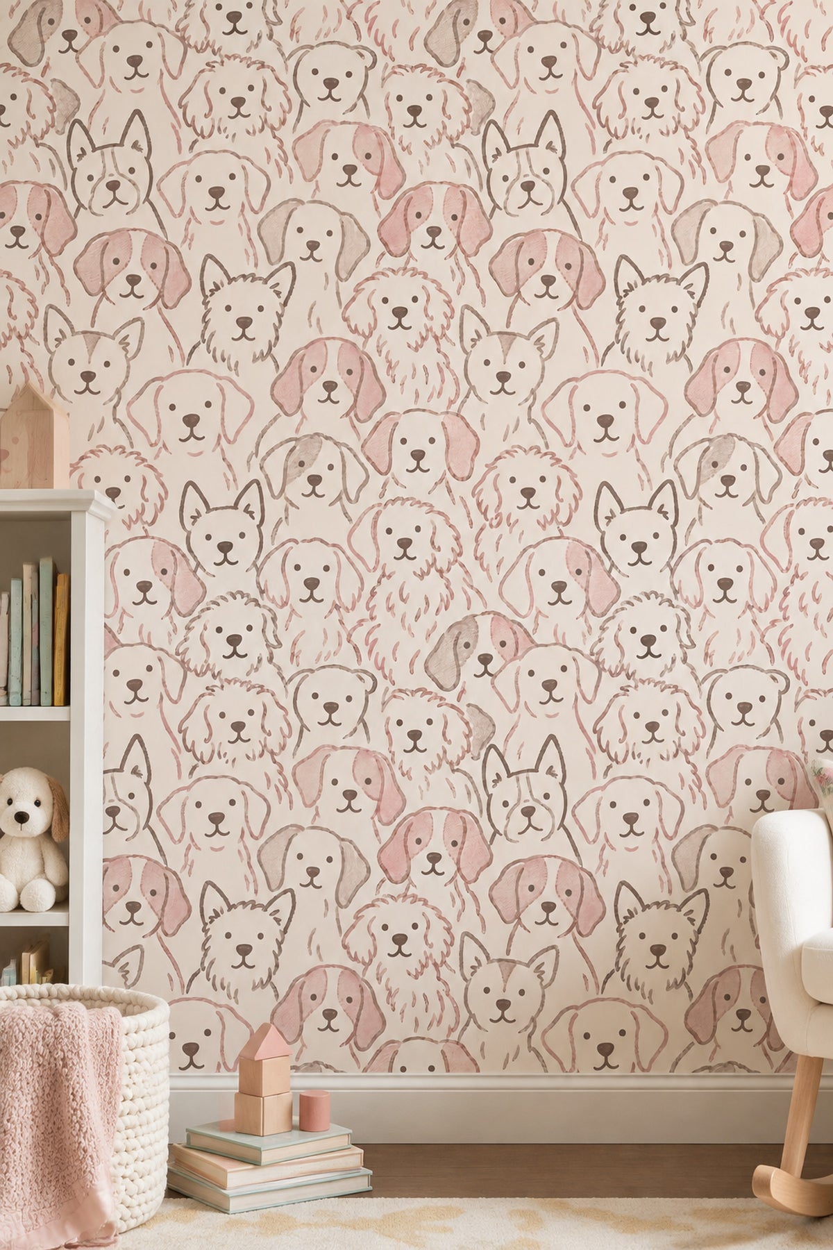 Sevimli Köpek Desenli Duvar Kağıdı Pudra Çocuk Odası