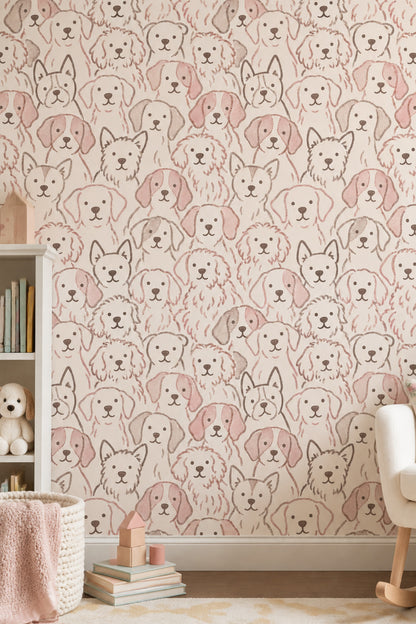 Sevimli Köpek Desenli Duvar Kağıdı Pudra Çocuk Odası