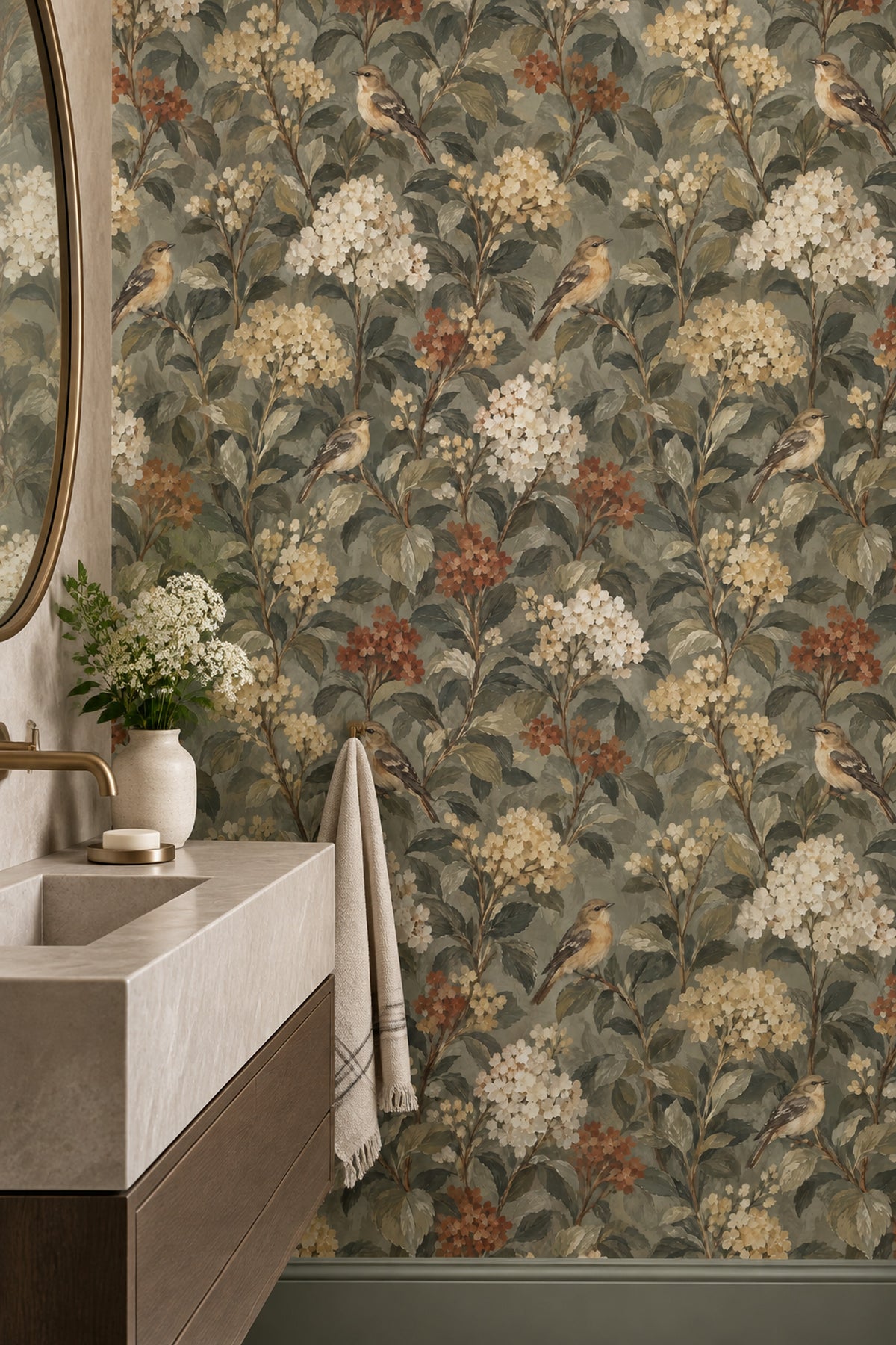 Kuşlu Çiçekli Duvar Kağıdı Yeşil Bej Vintage Desenli