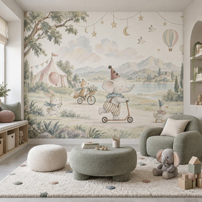 Sirk Temalı Hayvanlı Poster Duvar Kağıdı Pastel Çocuk Odası