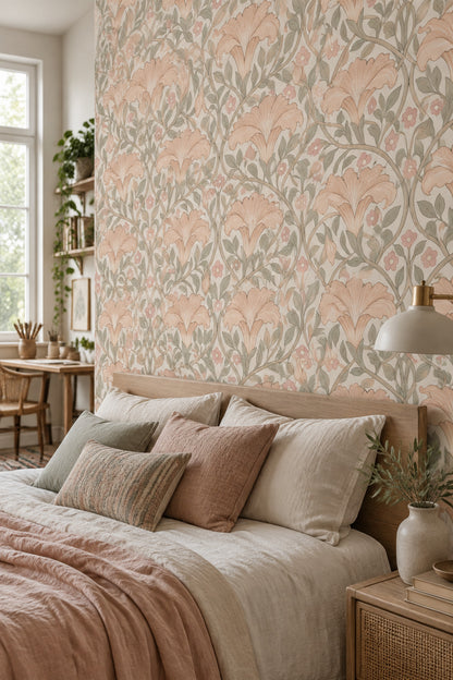 Art Nouveau Çiçekli Duvar Kağıdı Bej Pudra Desenli Salon