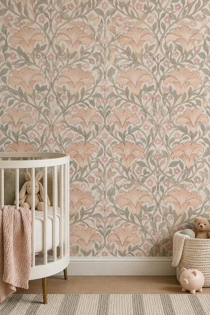 Art Nouveau Çiçekli Duvar Kağıdı Bej Pudra Desenli Salon