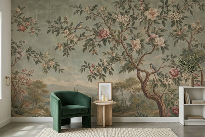 Çiçekli Ağaç Desenli Poster Duvar Kağıdı Yeşil Salon Dekoru
