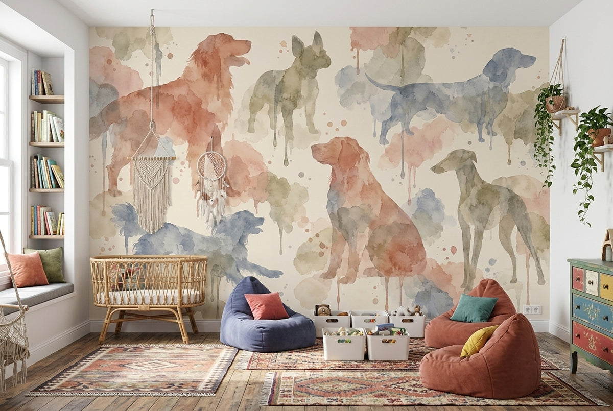 Suluboya Köpek İllüstrasyonlu Poster Duvar Kağıdı Pastel Çocuk Odası