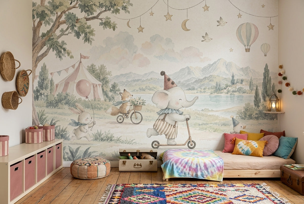 Sirk Temalı Hayvanlı Poster Duvar Kağıdı Pastel Çocuk Odası