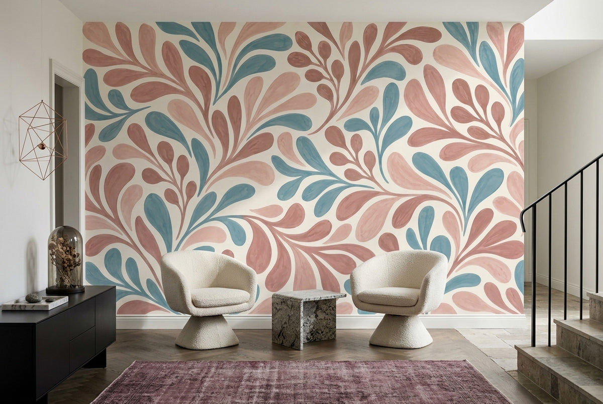 Pastel Yaprak Desenli Poster Duvar Kağıdı Pembe Mavi Modern