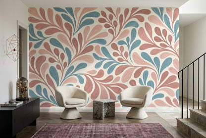 Pastel Yaprak Desenli Poster Duvar Kağıdı Pembe Mavi Modern