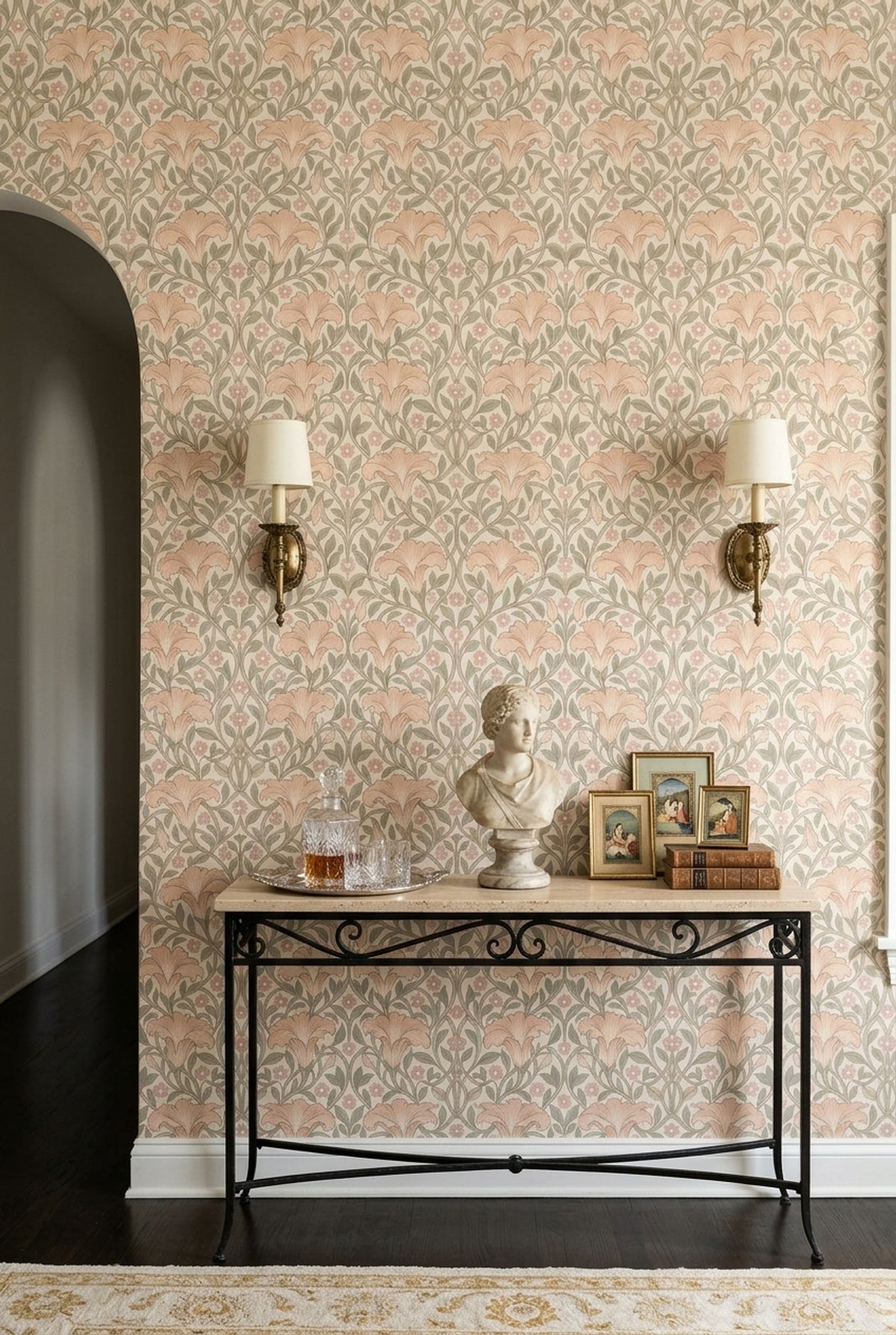 Art Nouveau Çiçekli Duvar Kağıdı Bej Pudra Desenli Salon
