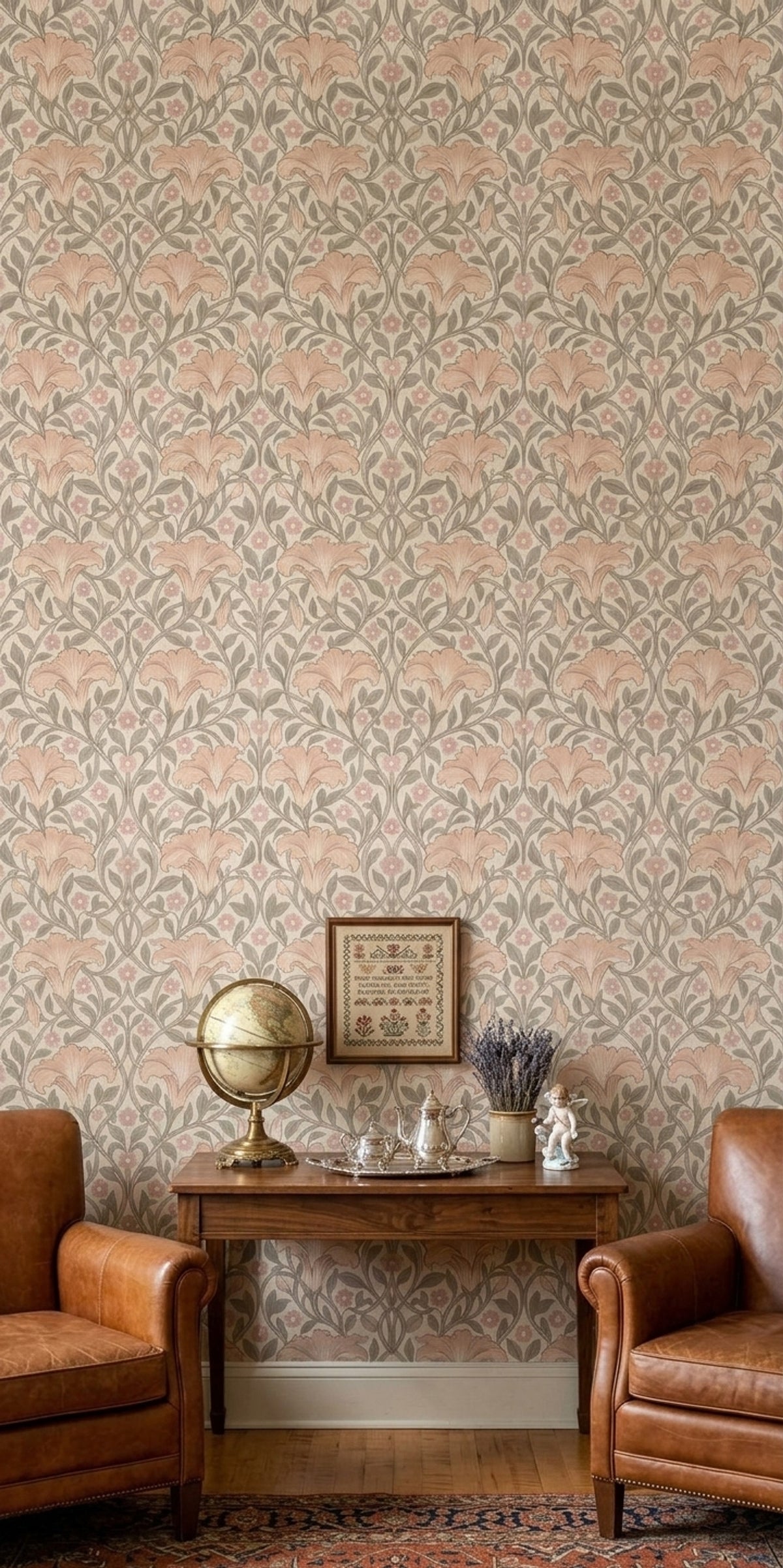 Art Nouveau Çiçekli Duvar Kağıdı Bej Pudra Desenli Salon