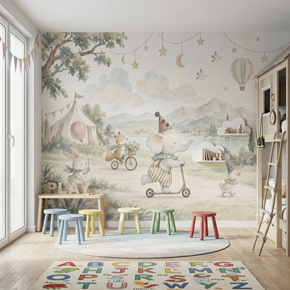 Sirk Temalı Hayvanlı Poster Duvar Kağıdı Pastel Çocuk Odası