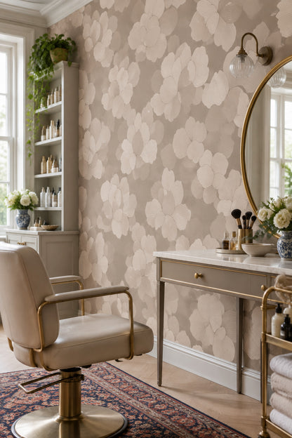 Bej Büyük Çiçek Desenli Duvar Kağıdı Modern Banyo