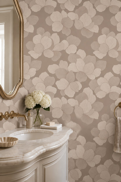 Bej Büyük Çiçek Desenli Duvar Kağıdı Modern Banyo