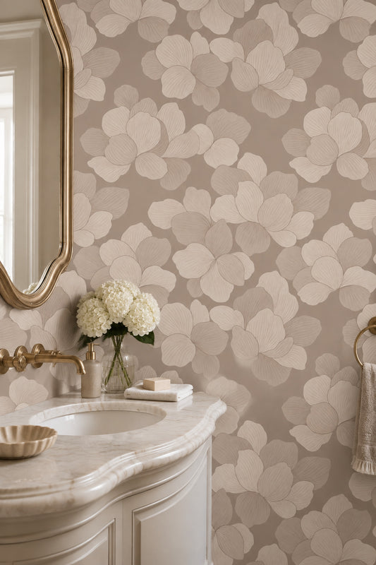 Bej Büyük Çiçek Desenli Duvar Kağıdı Modern Banyo