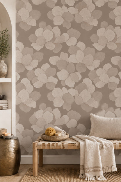 Bej Büyük Çiçek Desenli Duvar Kağıdı Modern Banyo