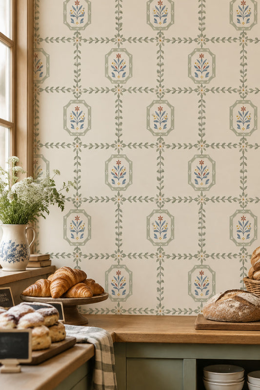 Vintage Çiçek Motifli Duvar Kağıdı Krem Yeşil Karo Desen
