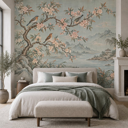 Kuşlu Çiçekli Poster Duvar Kağıdı Pastel Manzara Salon