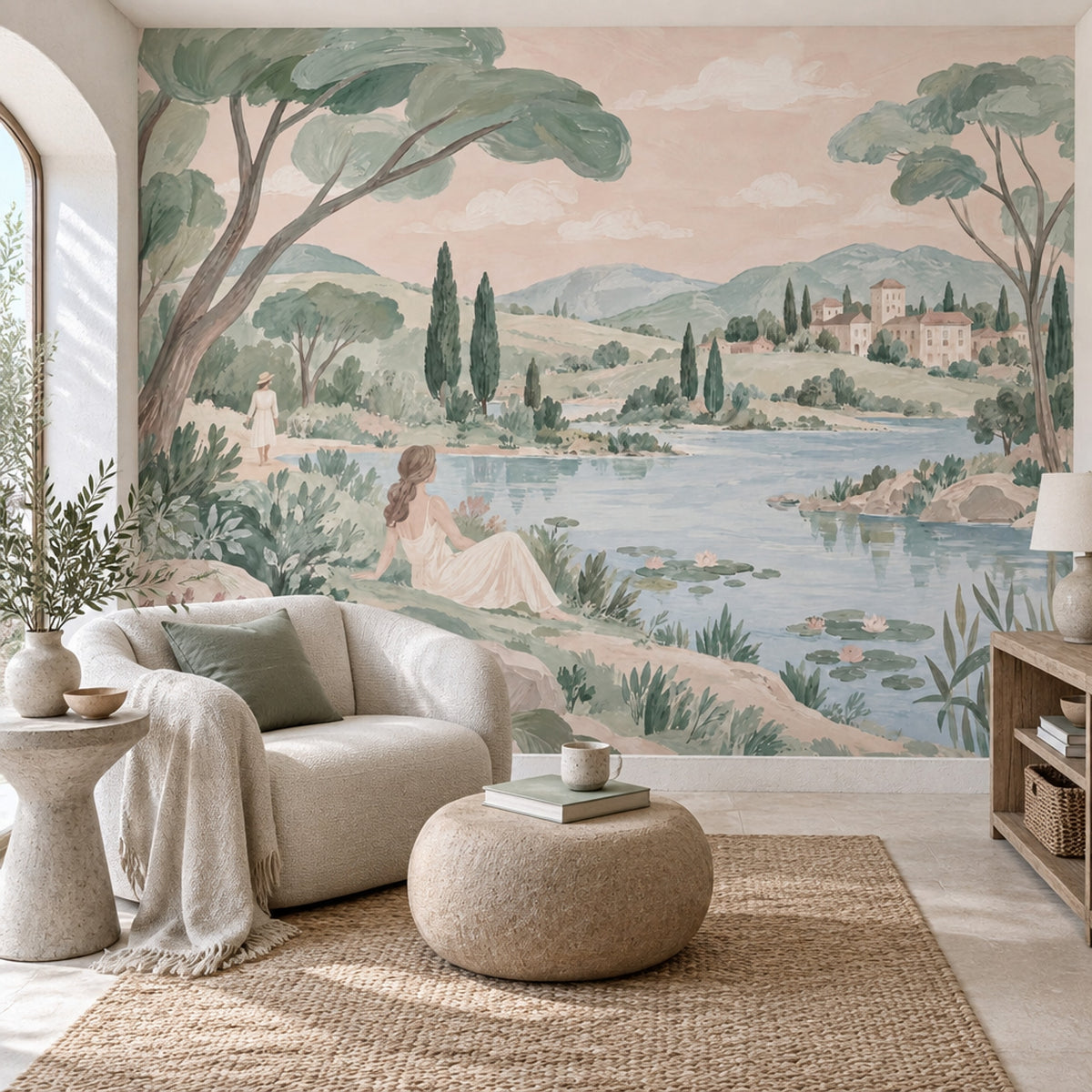 Göl Manzaralı Poster Duvar Kağıdı Pastel Yeşil Salon Dekoru
