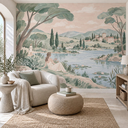 Göl Manzaralı Poster Duvar Kağıdı Pastel Yeşil Salon Dekoru