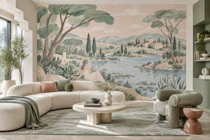 Göl Manzaralı Poster Duvar Kağıdı Pastel Yeşil Salon Dekoru