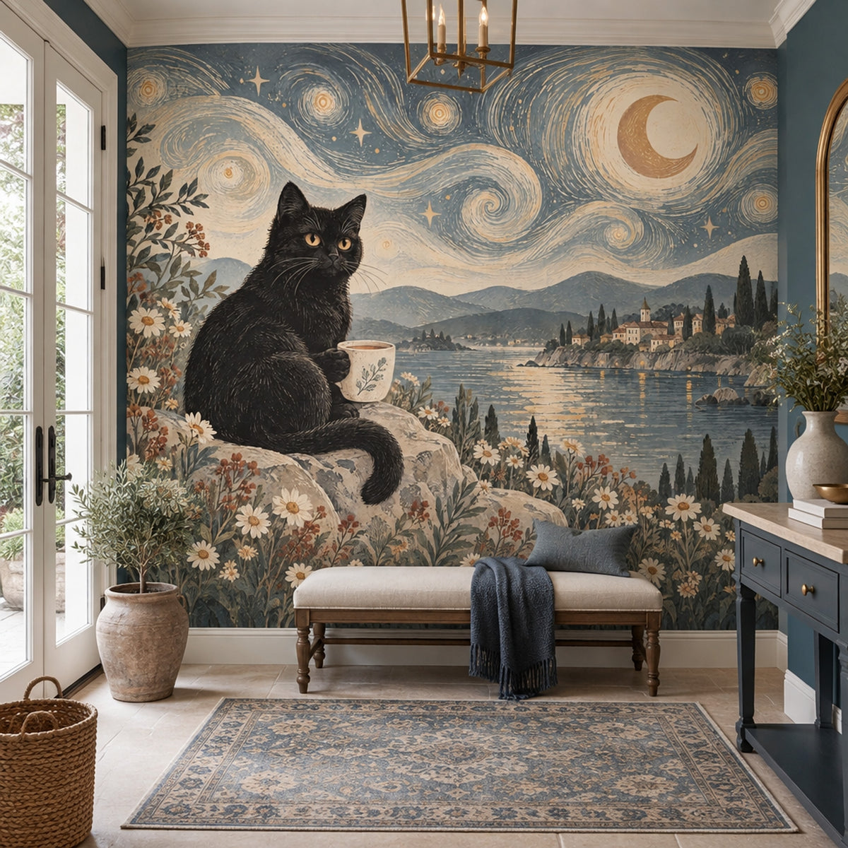 Ay ve Kedi İllüstrasyonlu Poster Duvar Kağıdı Lacivert Salon