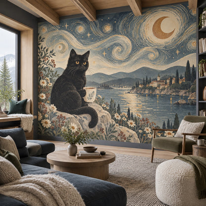 Ay ve Kedi İllüstrasyonlu Poster Duvar Kağıdı Lacivert Salon