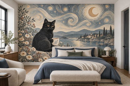 Ay ve Kedi İllüstrasyonlu Poster Duvar Kağıdı Lacivert Salon