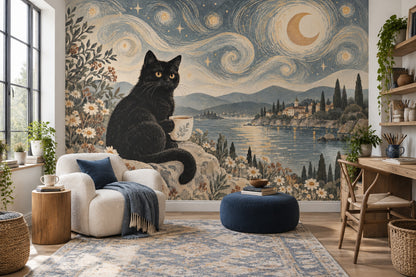 Ay ve Kedi İllüstrasyonlu Poster Duvar Kağıdı Lacivert Salon